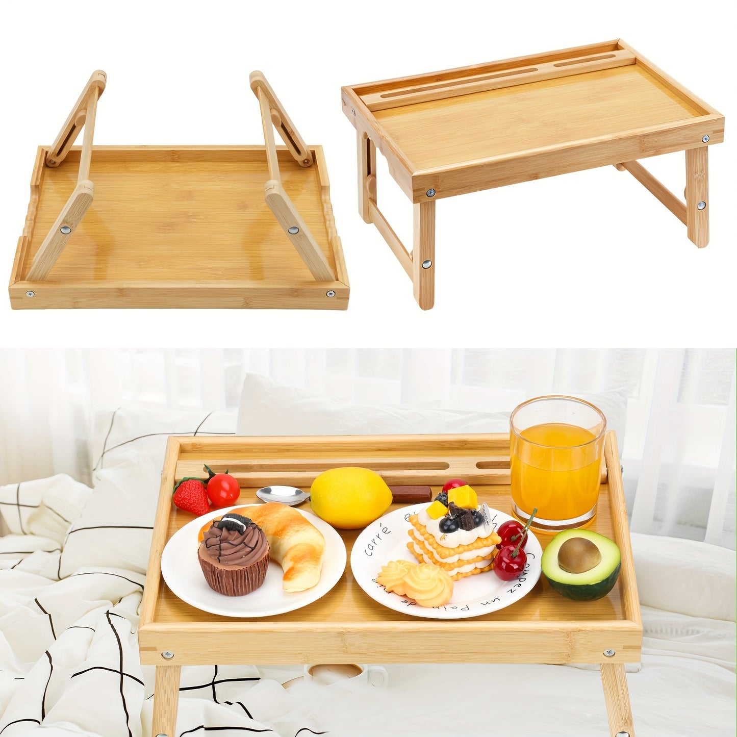 Adjustable Bamboo Bed Tray Table - 2pcs Folding Laptop Desk with Phone Holders - Space Saving, Easy Storage, 15.7x11x7.2in