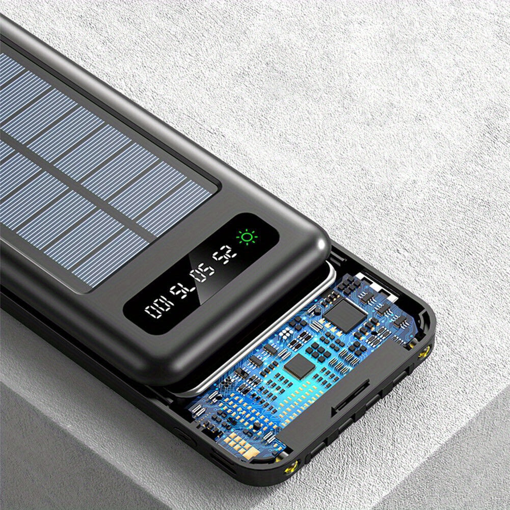 10000mAh Solar Power Bank - Portable Power Banks with 4 Cables for Universal Compatibility and On-The-Go Charging