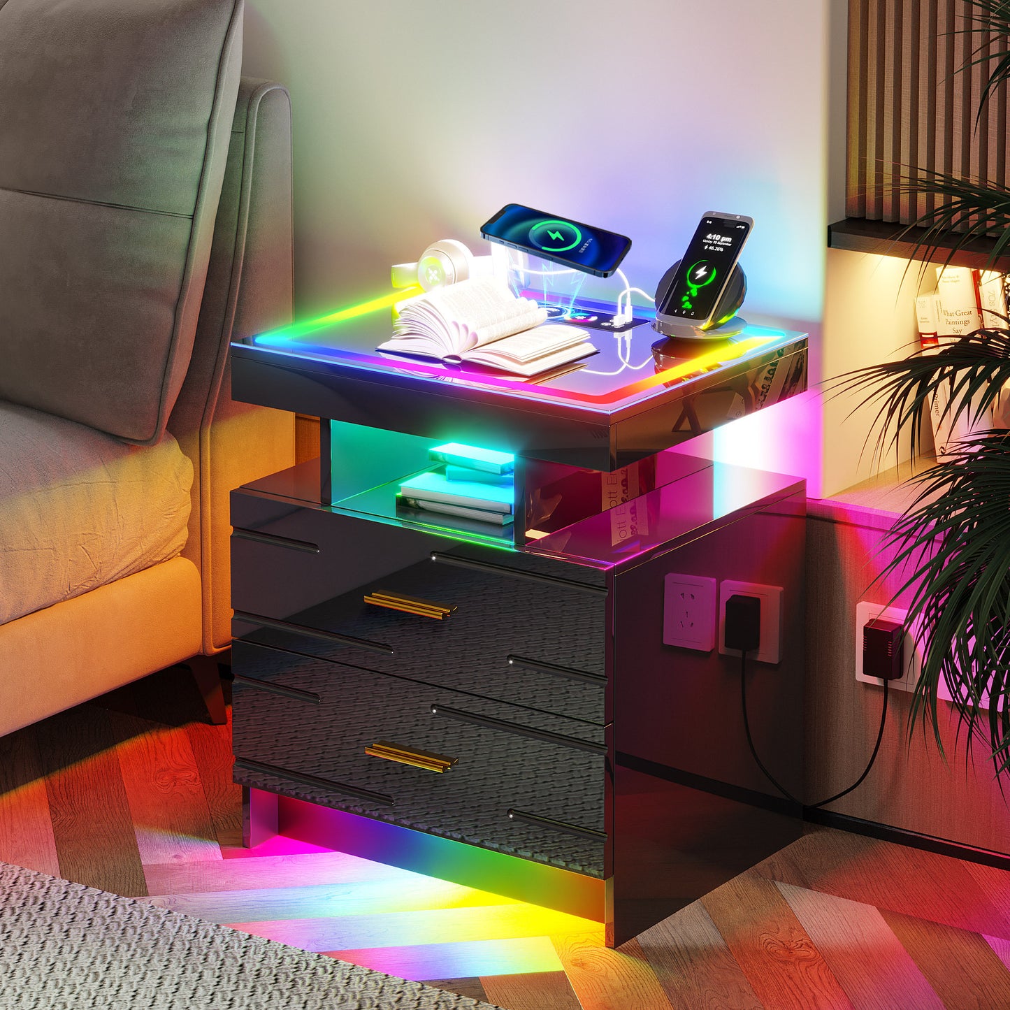 HWB LED Nightstand with Motion Sensor Lights, Modern Bedside Table with Wireless Charging Station, Smart Night Stand with Drawers/ RGB Lights, High Gloss Bed Side Table for Bedroom/ Living Room