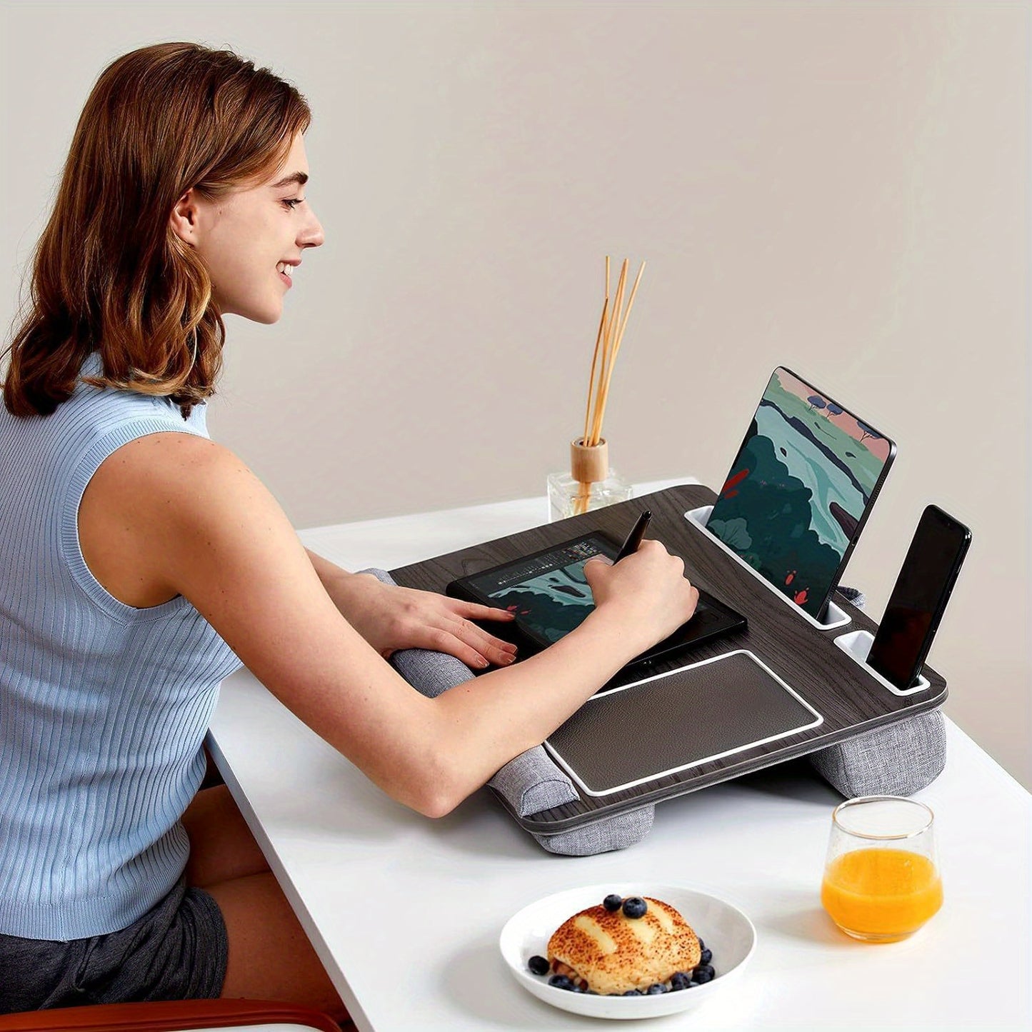 Ergonomic Laptop Desk with Wrist Rest - Fits 17" Laptops, MacBooks, Tablets - Built-in, Ideal for Restaurant Use, Includes Pen and Phone Holders