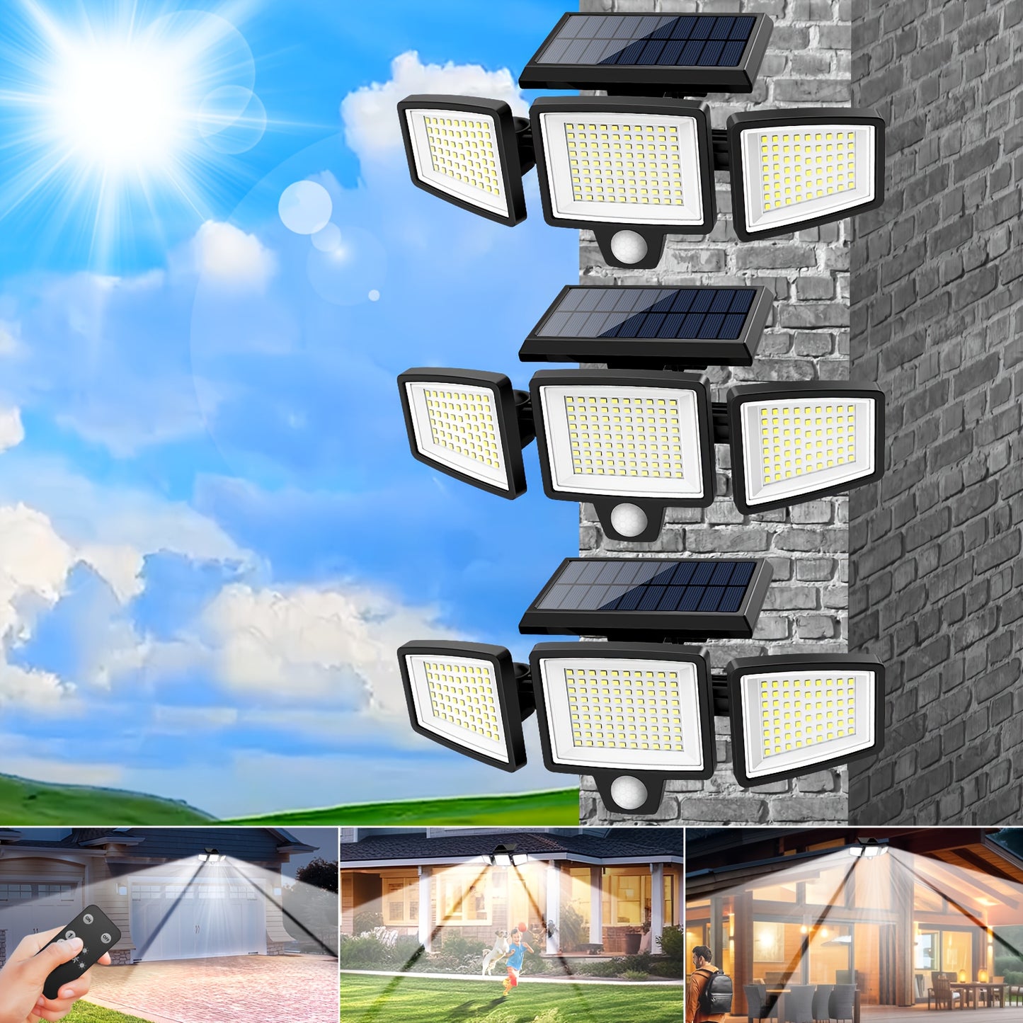 1/2/3pcs Solar Outdoor Lights, 2500 Lumens 210 LED Safety Lights, Waterproof, with Remote Control, 3-head Motion Sensor Lights, 270° Wide Angle Flood Wall Lights, 3 Modes, Suitable for Courtyard, Fence, Porch, Garage