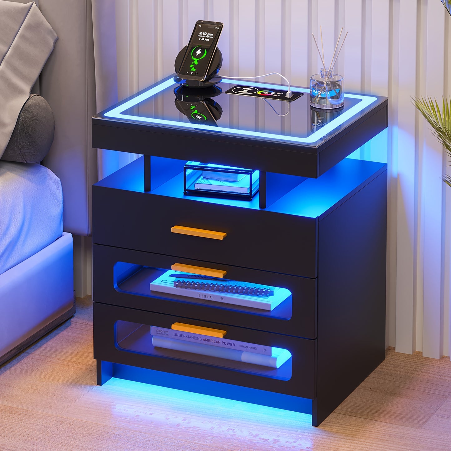 HNEBC Smart Nightstand With Charging Station, Bedside Table With 2 Drawers & One Jewelry Storage, RGB LED Night Stand With Motion Sensor Lights, Side Table With Glass Top/Remote Control