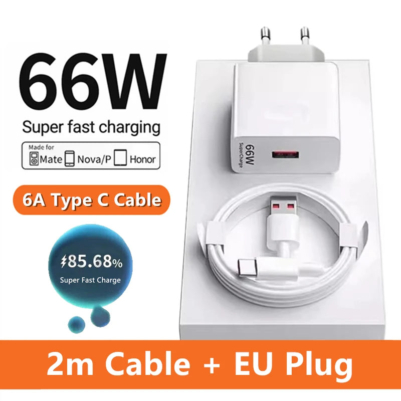 6A 66W Super Fast Charger Type C Cable 40 50 60 P50 P60 Nova 8 9 10 Honor 50 70 90 100 200 Lite X7 X8 X9 Magic 5