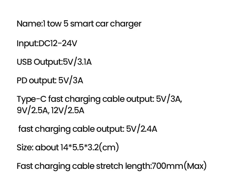 Elough Retractable Car Charger 5 in 1 Fast Charging Car Charger Retractable Cable 2 type c Ports Car Charger Adapter Compatible