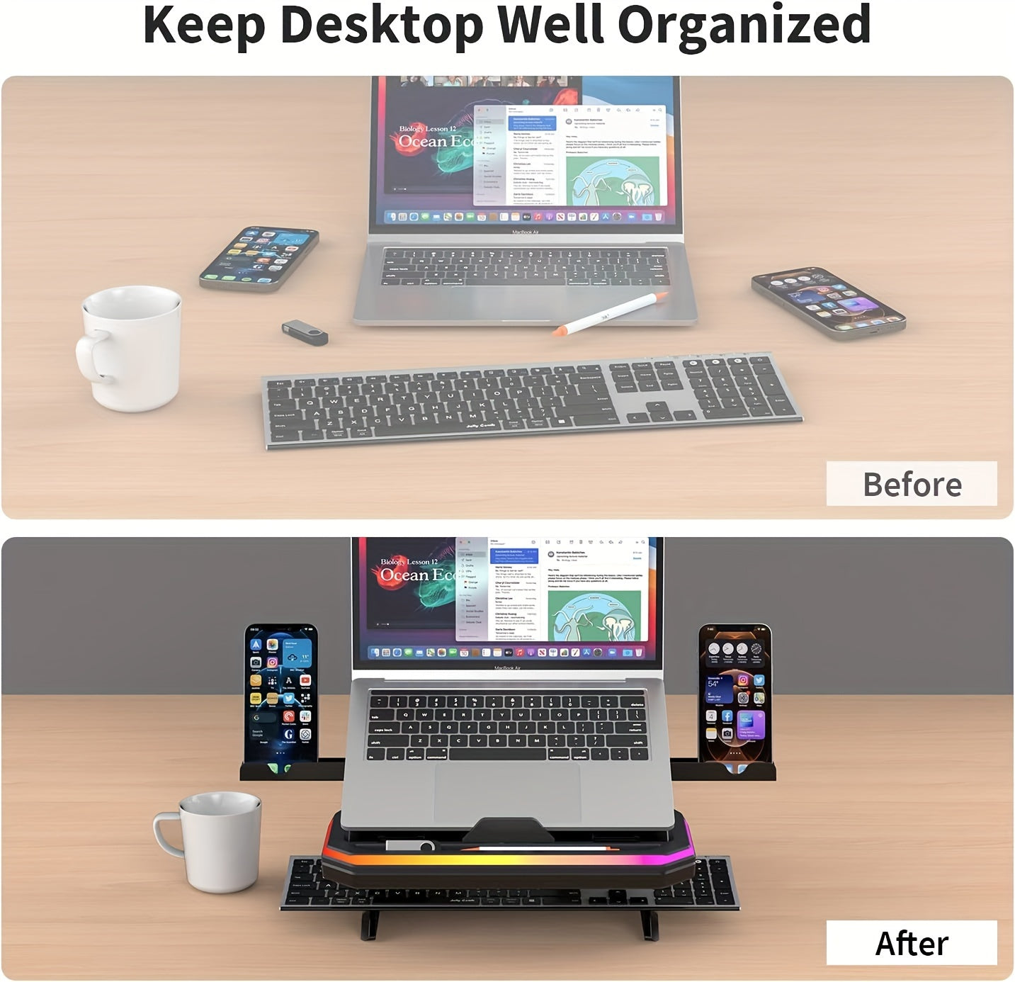 Laptop Stand With Two Mobile Phone Holders Height-Adjustable Notebook Stand With RGB Lighting Laptop Holder Compatible With MacBook Surface Samsung Dell 10-17 Inch Laptops