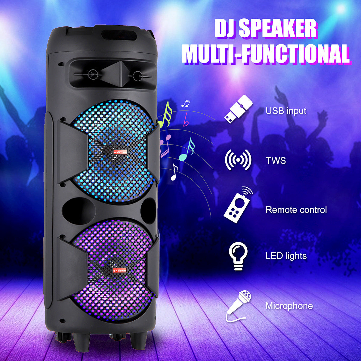 Portable Wireless PA Speaker, Bluetooth Speakers Loud Sound Powerful Subwoofer System, Support AUX USB FM Wired Microphone Audio Input, Built-in Rechargeable Battery Speaker with LED Light, Wired Microphone and Remote Control