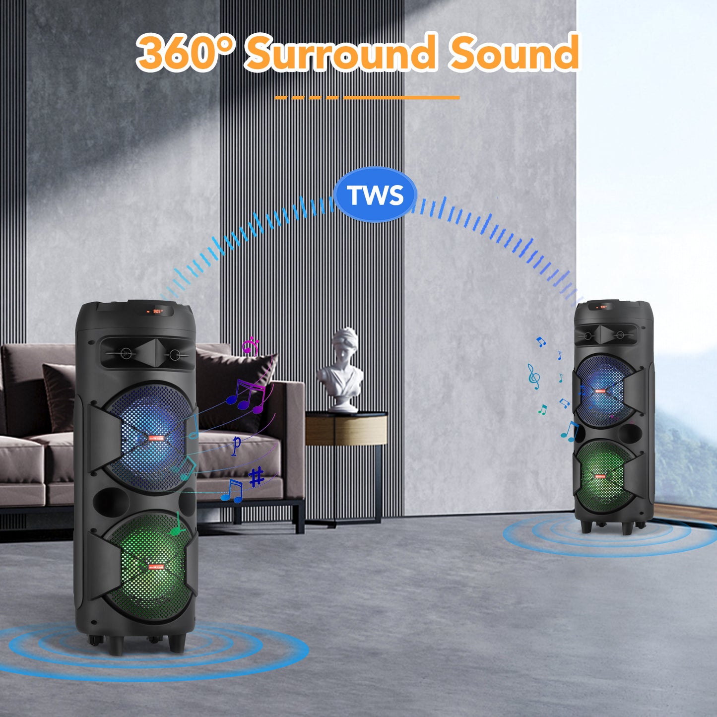 Portable Wireless PA Speaker, Bluetooth Speakers Loud Sound Powerful Subwoofer System, Support AUX USB FM Wired Microphone Audio Input, Built-in Rechargeable Battery Speaker with LED Light, Wired Microphone and Remote Control