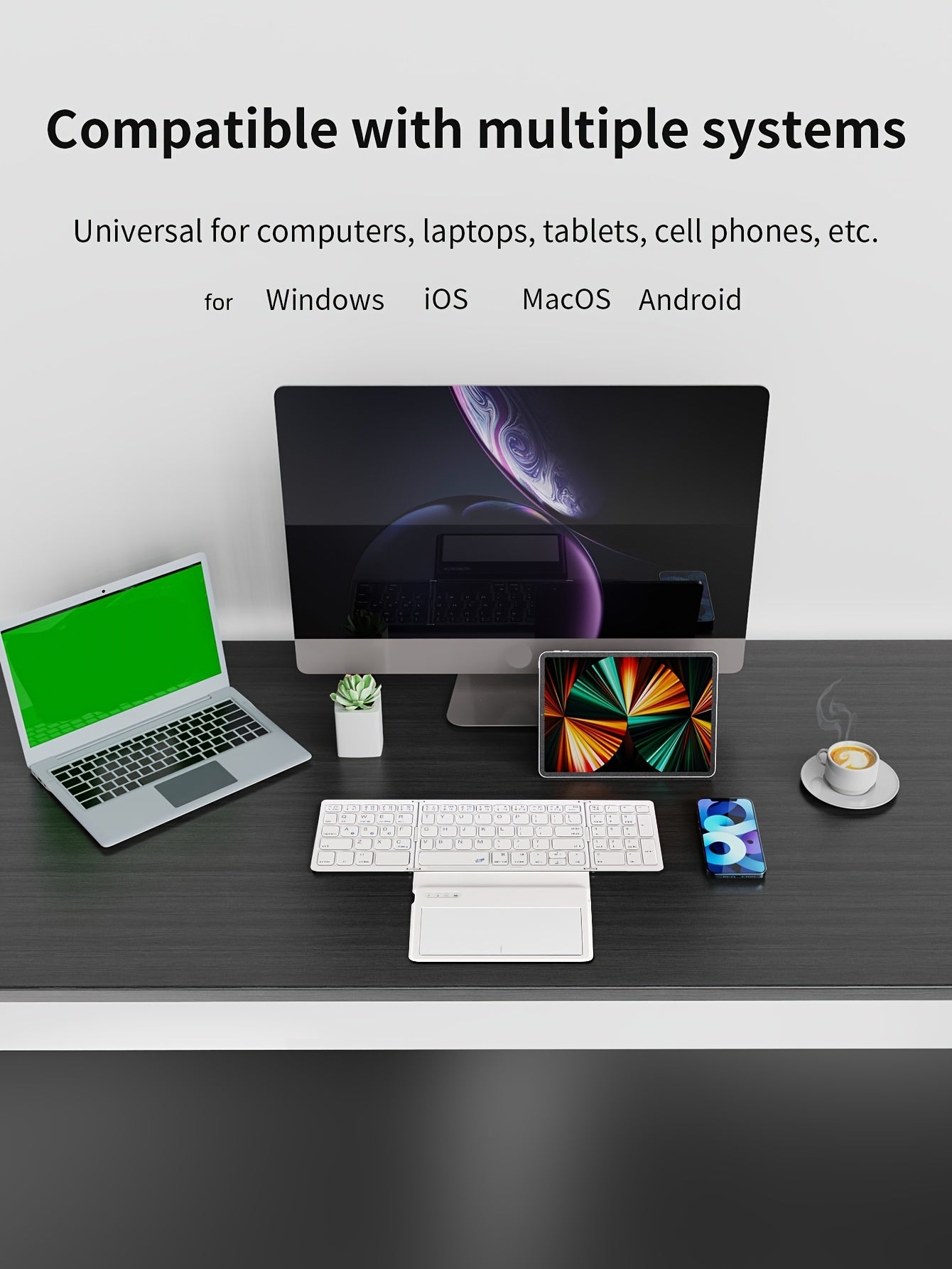 1pc JOMAA Compact Folding Wireless Keyboard for iPad Air 2, Touchpad Design, Windows 10 Compatible, USB Cable Included, Rechargeable Polymer Battery, Smart Hand Orientation, Wireless Connectivity