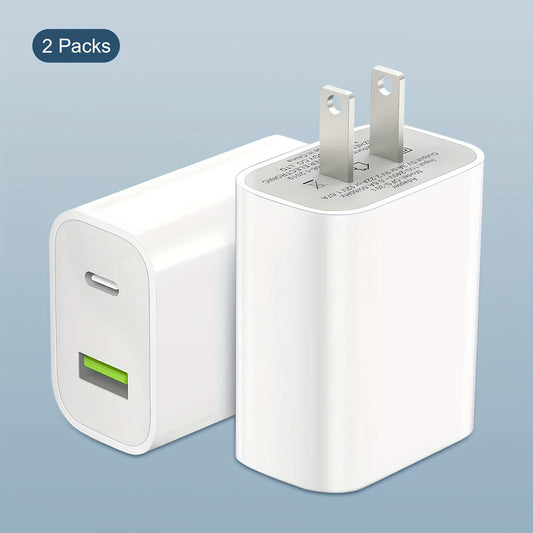 2pcs White Fast Charger For Iphone 20w Power Adapter Wall USB Type C Port Fast Plug Fast Charging With Data Cable Suitable For IPhone Tablet Mobile Phone And Other PD20W Fast Charging Head