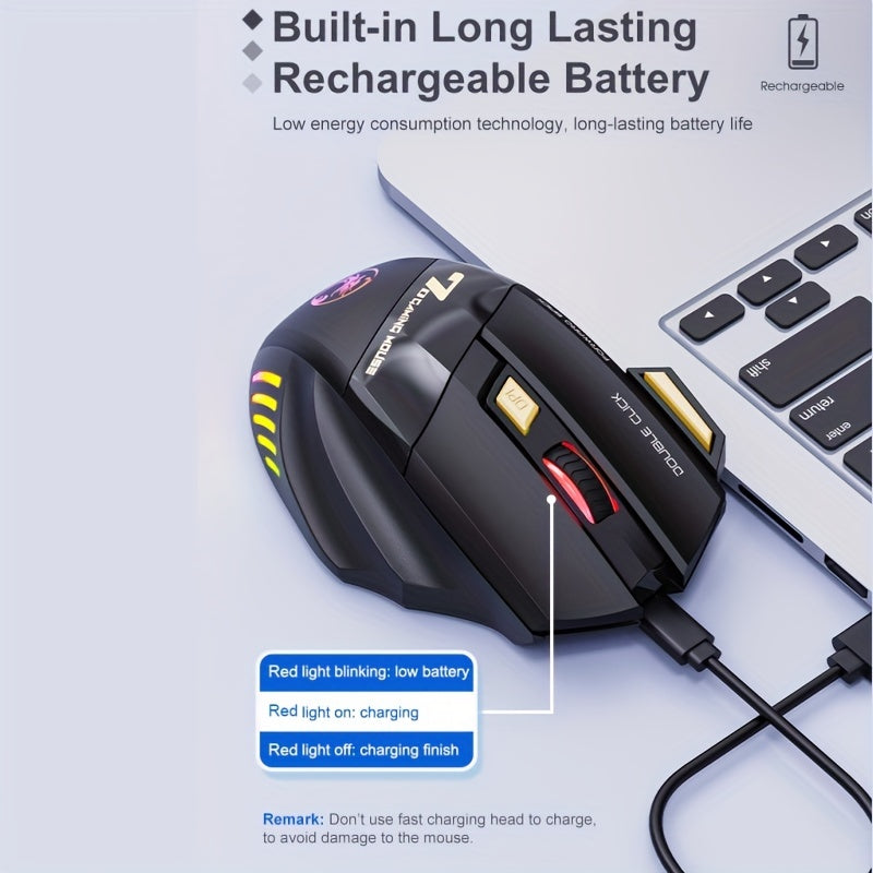 MCPIWOHY Gaming Mouse 2.4G Wireless with RGB Breathing Light, 7 Programmable Buttons, 500mAh Rechargeable Battery, Type-C Charging, 7200 DPI, Right-Handed Design for Windows 10, Wireless Mouse for Laptop