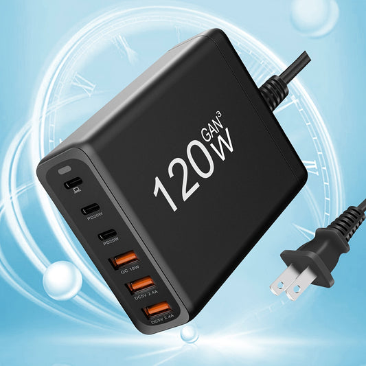 6-Port Compact PD Fast Charger - High-Speed Laptop Power Adapter with Foldable Design, 5Ft AC Extension Cord, and Multi-Device Compatibility for MacBook Pro/Air, iPad Pro, iPhone 14/13/12, Galaxy Note20, S22, Pixel, and More