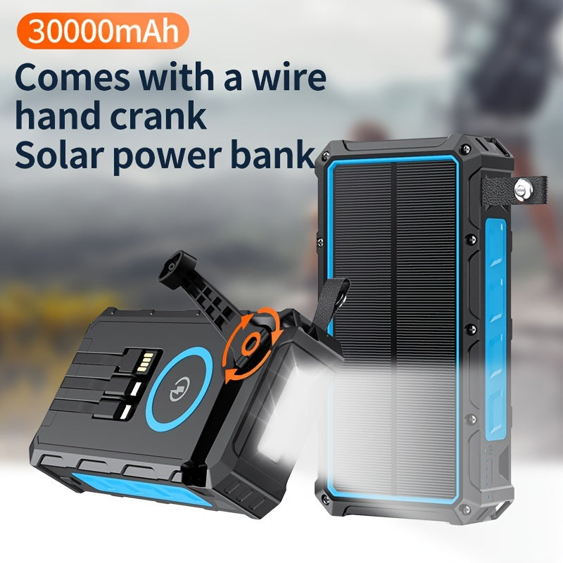 30000mAh Solar Power Bank - Portable Power Banks with 7 Outputs, 4 Inputs, 15W Fast Charging, Wireless Charger, Hand Crank, 3 Cables, SOS/Strobe/Strong Flashlights, and Emergency Power Source