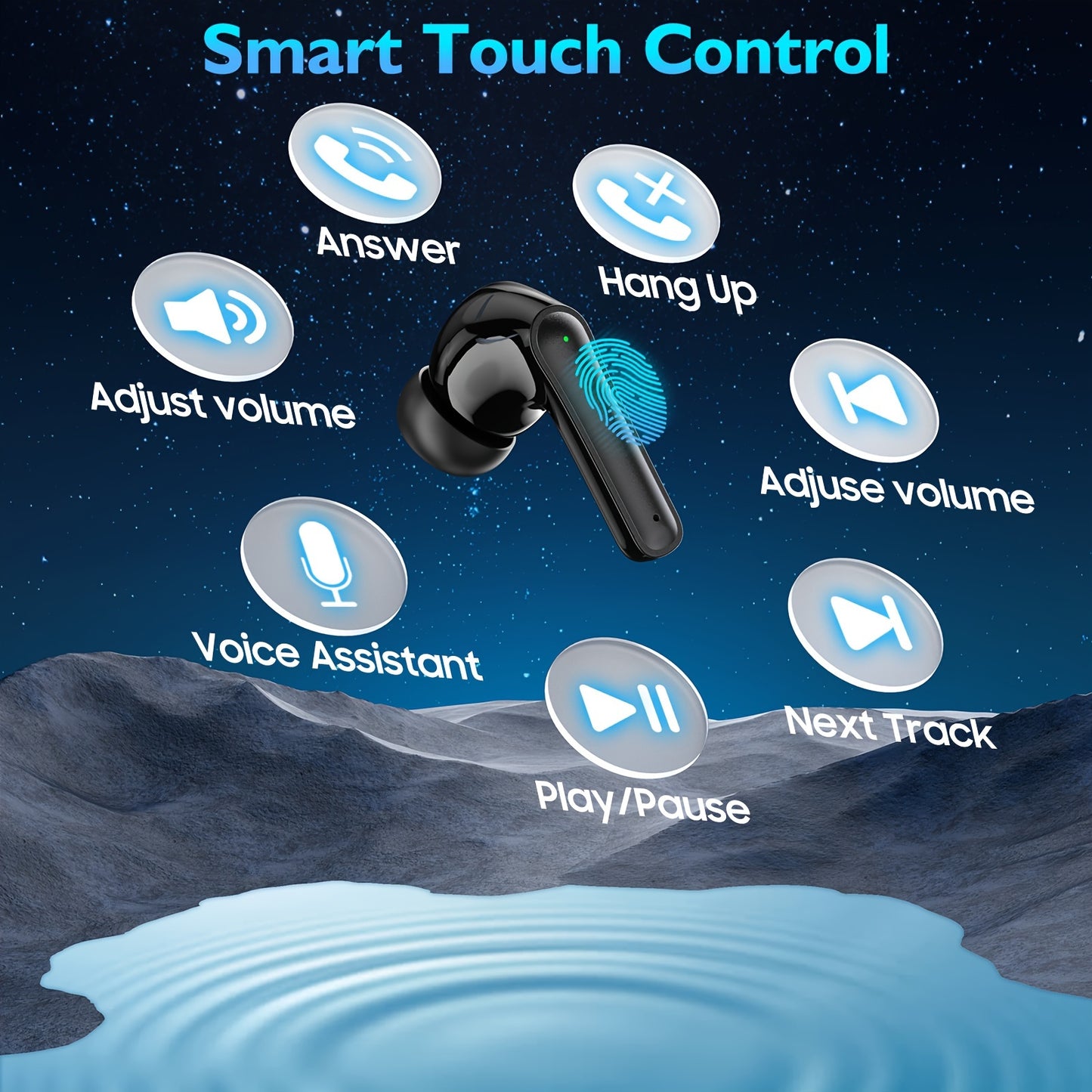 V5.3 Wireless Earbuds with Touch Control, Hi-Fi Stereo, ENC Noise Cancelling Mic, LED Power Display, and Charging Case for Sports Workout