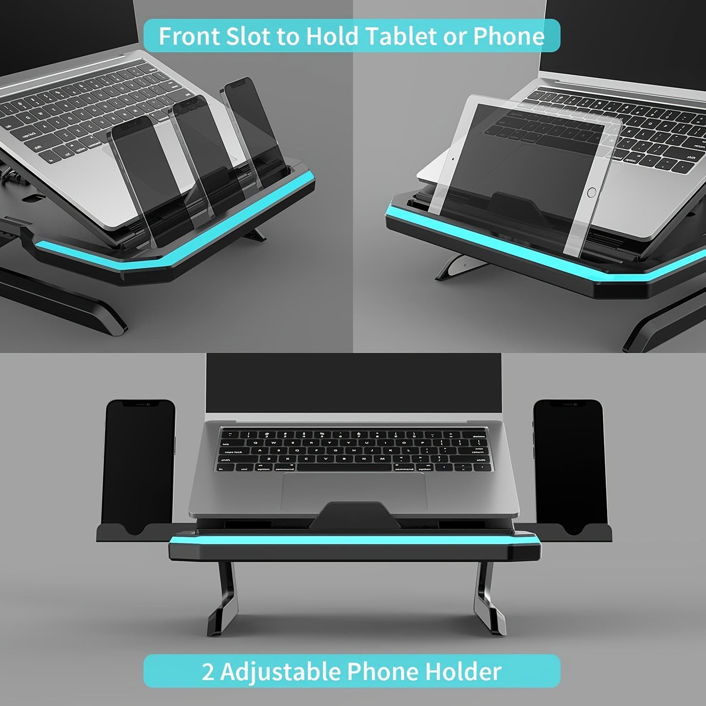Laptop Stand With Two Mobile Phone Holders Height-Adjustable Notebook Stand With RGB Lighting Laptop Holder Compatible With MacBook Surface Samsung Dell 10-17 Inch Laptops