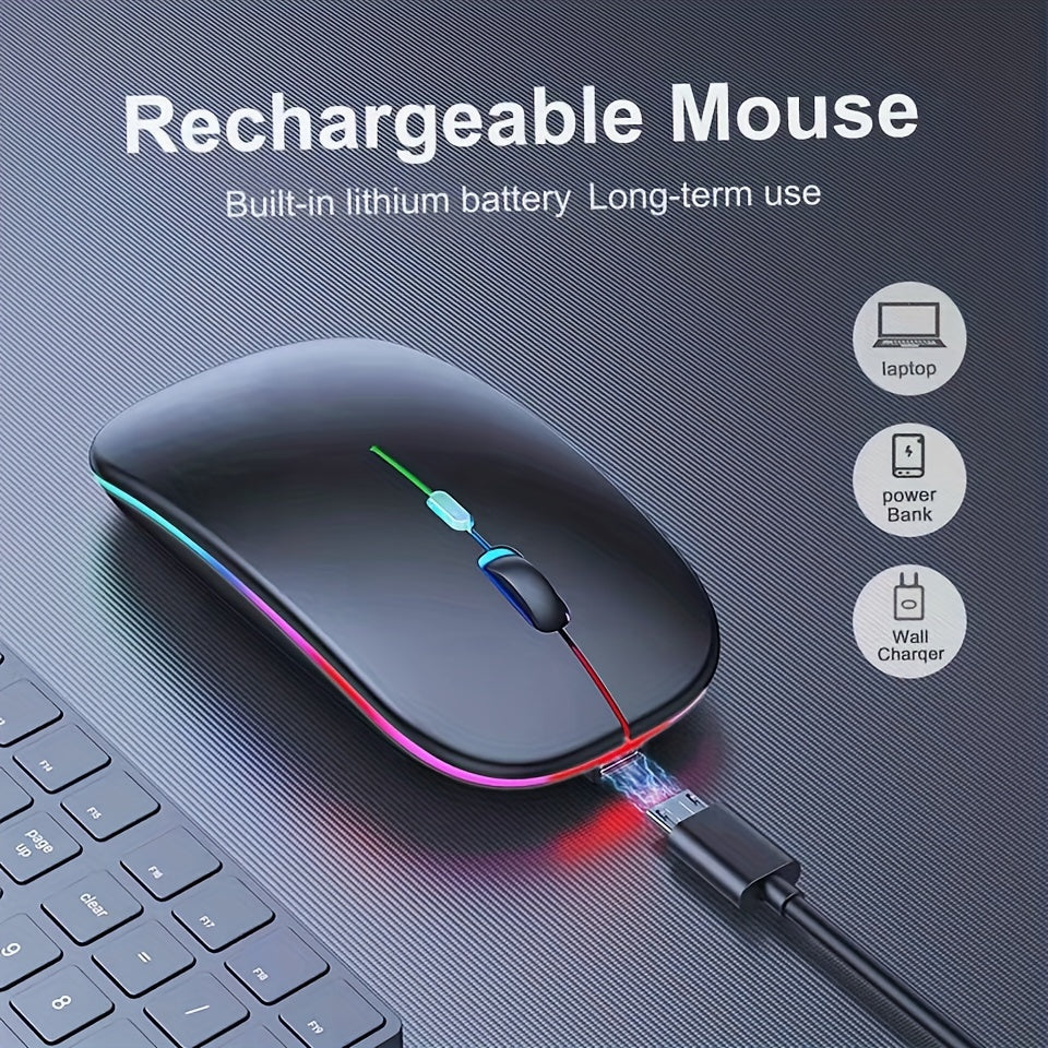 Ultra-Slim Wireless Mouse with LED Lighting - Dual Mode Rechargeable, Silent Operation, Portable Wireless 5.2+USB Receiver for Laptops, Desktops & Tablets