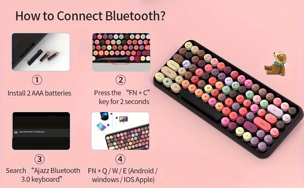 AJAZZ NACODEX 84 Keys Pink Wireless Keyboard With Cute Retro Round Keycaps, Comfortable Ergonomic Typewriter Keyboard Compatible With Android Windows IOS Suitable For Home And Office Keyboards