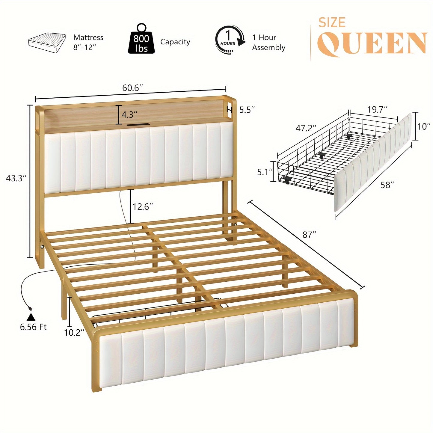 PaPaJet Bed Frame with Motion Sensor Lights and Integrated Drawer Velvet Platform Bed, Storage Headboard/Charging Station/Noiseless/Easy to Assemble