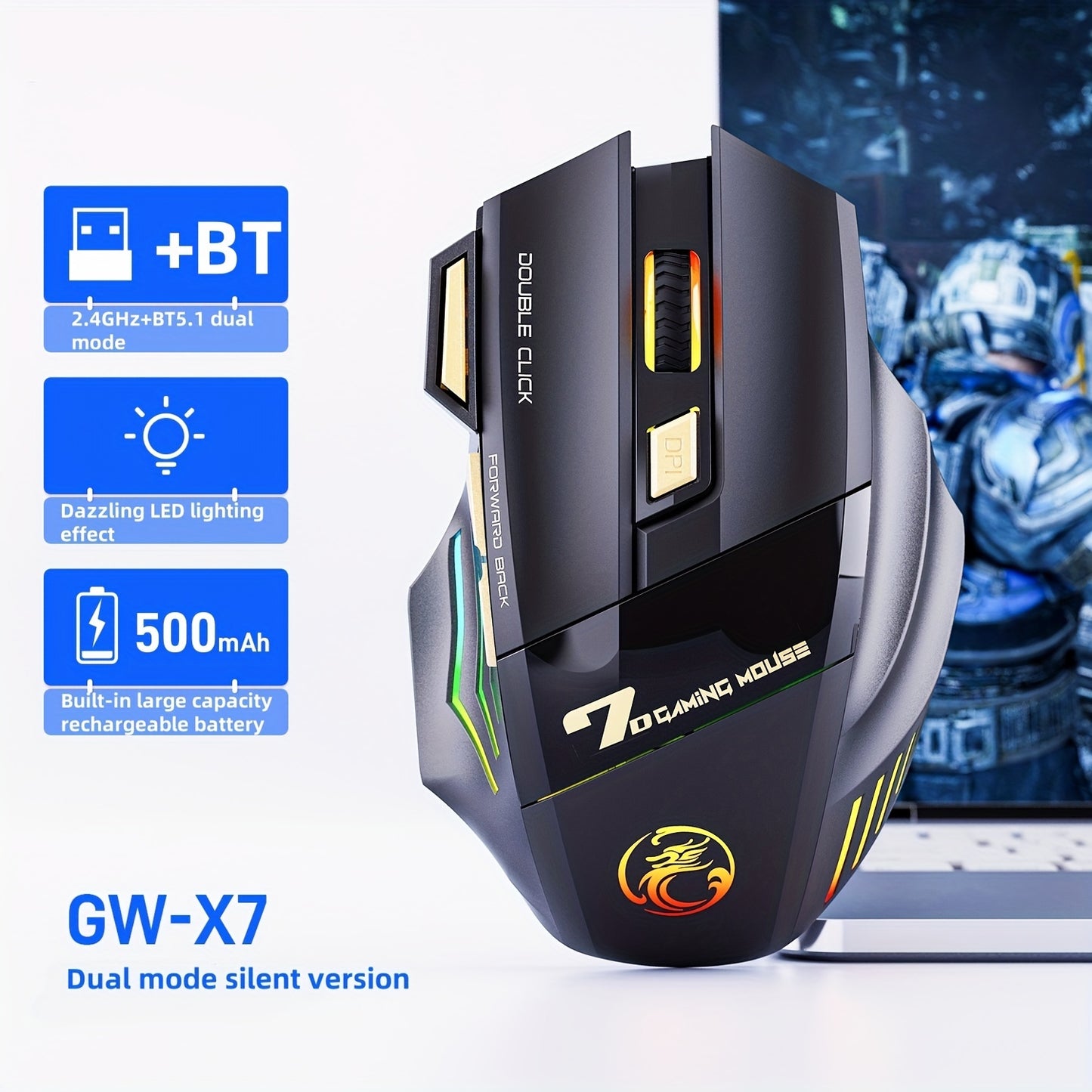 MCPIWOHY Gaming Mouse 2.4G Wireless with RGB Breathing Light, 7 Programmable Buttons, 500mAh Rechargeable Battery, Type-C Charging, 7200 DPI, Right-Handed Design for Windows 10, Wireless Mouse for Laptop