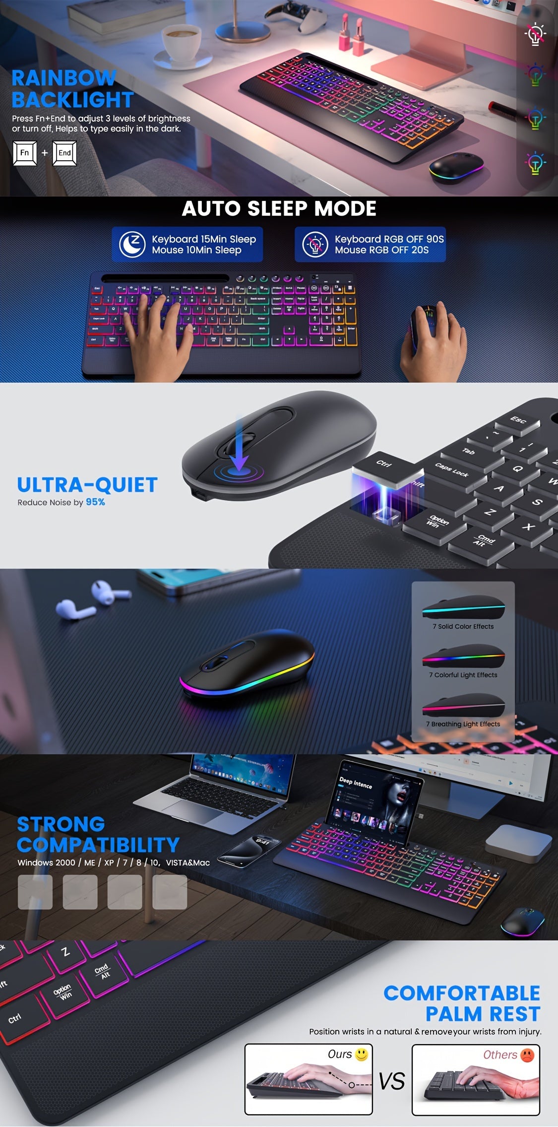 Wireless Keyboard And Mouse Backlit, 2.4GHz Lag-Free Rechargeable Keyboard Full-Size With Phone Holder Tablet Holder, Silent Ergonomic Wireless Keyboard Mouse Combo For Computer, PC, Laptop