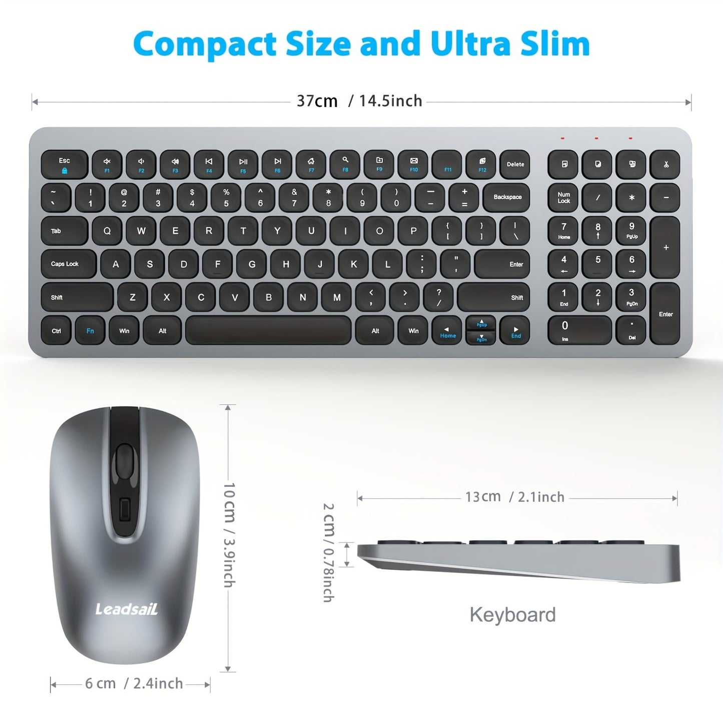 LeadsaiL Wireless Keyboard and Mouse Combo, Wireless USB Mouse and Computer Keyboard Set, Compact and Silent for Windows Laptop, Desktop, PC KF02-Grey