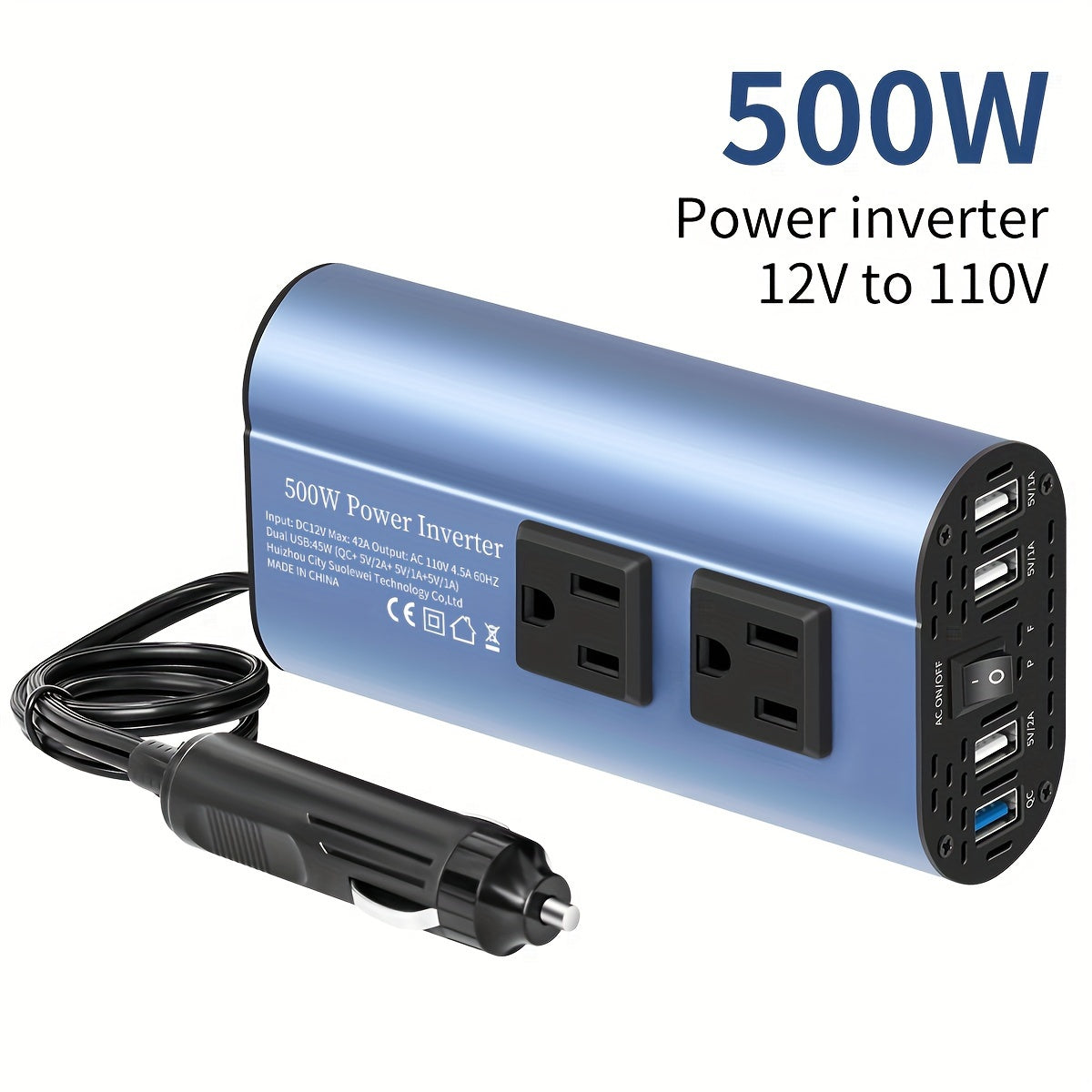 [500W Peak Power] 500W Car Power Inverter Converter - DC 12V to AC 110V, LCD Display, Dual AC Outlets, 4 USB Car Chargers - For Cars, Homes, Laptops, Trucks