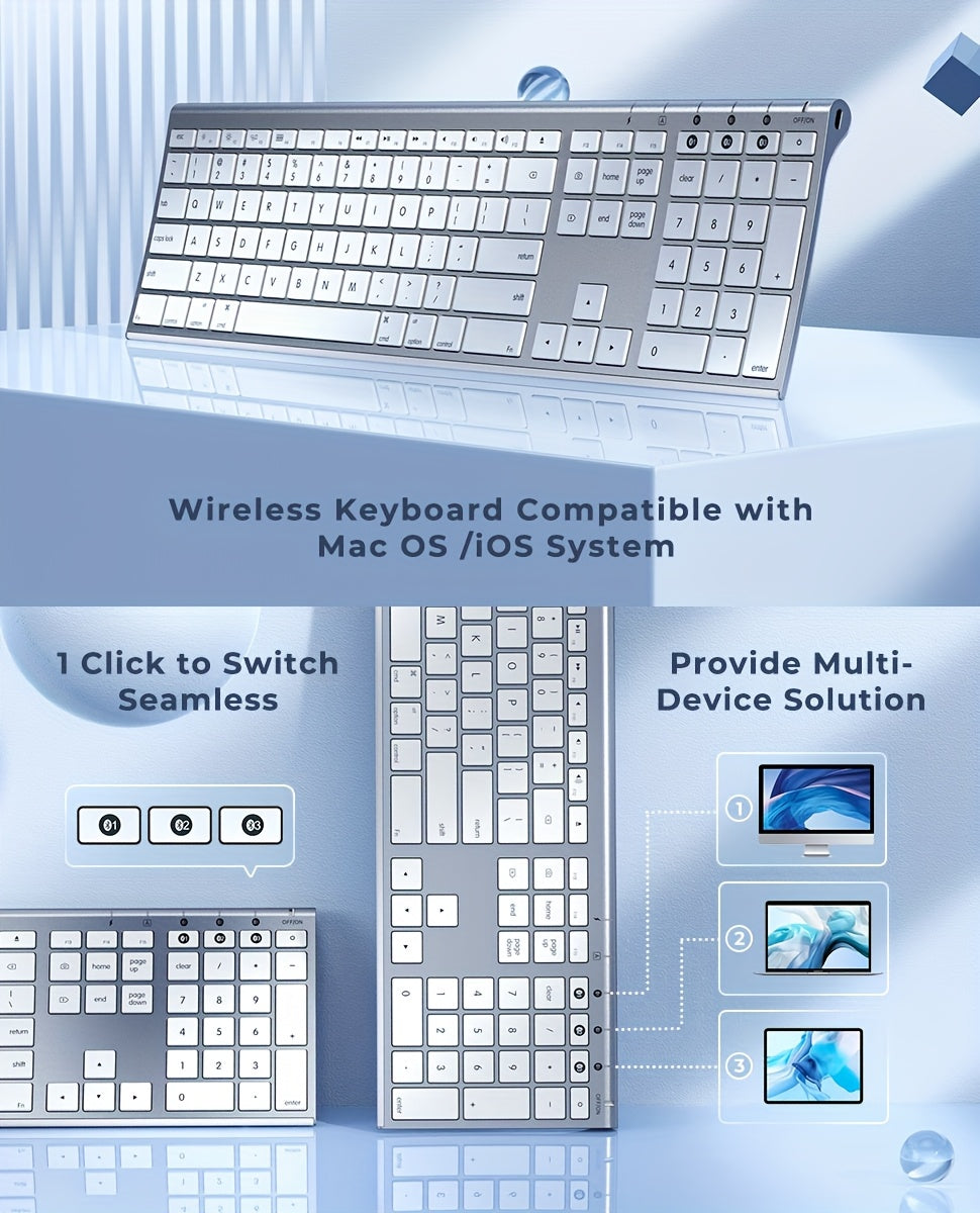 BT Keyboard for Mac- Rechargeable Full Size Keyboard for THREE Devices, Slim Quiet Keyboard with Numeric Keypad Compatible for MacBook Pro/Air, IMac, for iPhone, for iPad Pro/Air/Mini