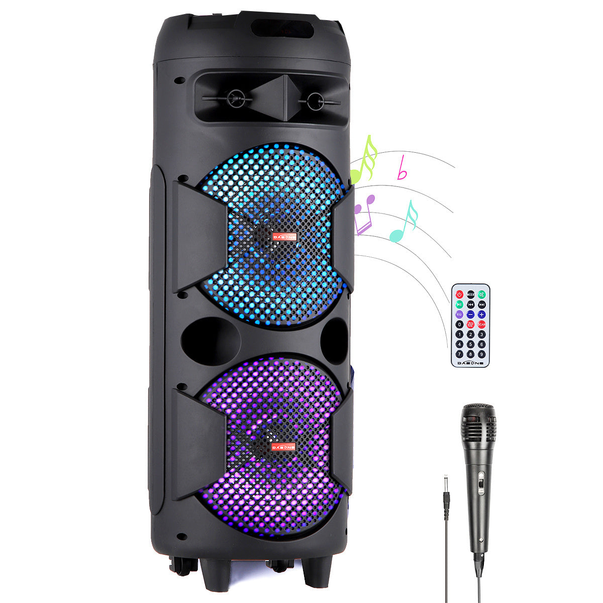 Portable Wireless PA Speaker, Bluetooth Speakers Loud Sound Powerful Subwoofer System, Support AUX USB FM Wired Microphone Audio Input, Built-in Rechargeable Battery Speaker with LED Light, Wired Microphone and Remote Control