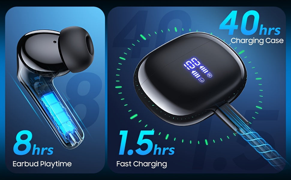 V5.3 Wireless Earbuds with Touch Control, Hi-Fi Stereo, ENC Noise Cancelling Mic, LED Power Display, and Charging Case for Sports Workout