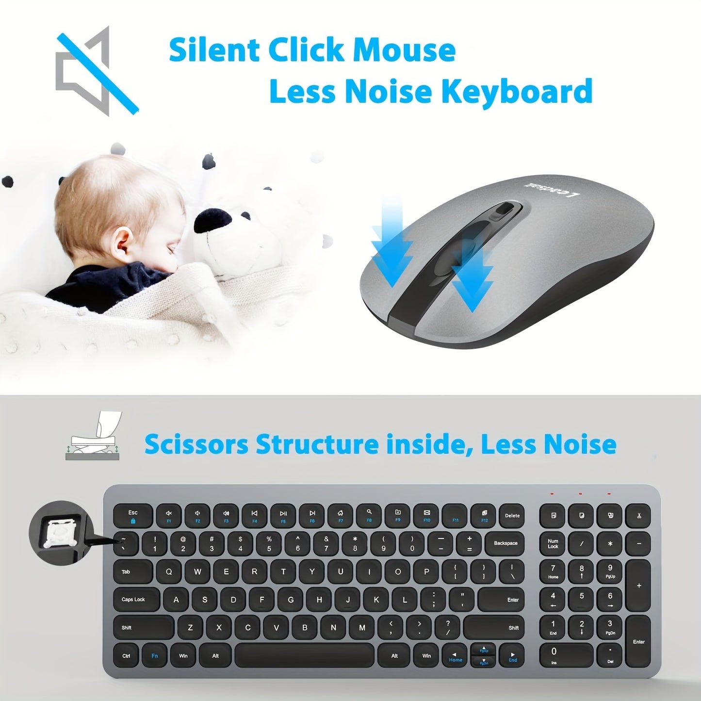 LeadsaiL Wireless Keyboard and Mouse Combo, Wireless USB Mouse and Computer Keyboard Set, Compact and Silent for Windows Laptop, Desktop, PC KF02-Grey