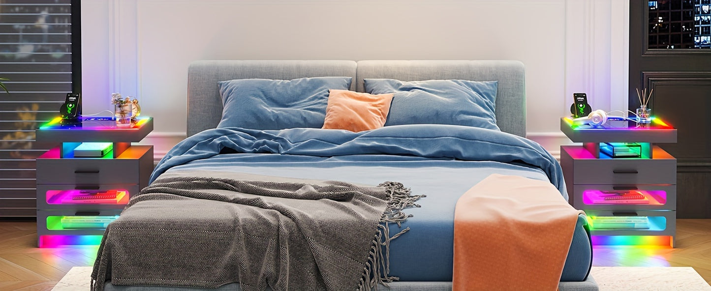 HNEBC Smart Nightstand With Charging Station, Bedside Table With 2 Drawers & One Jewelry Storage, RGB LED Night Stand With Motion Sensor Lights, Side Table With Glass Top/Remote Control