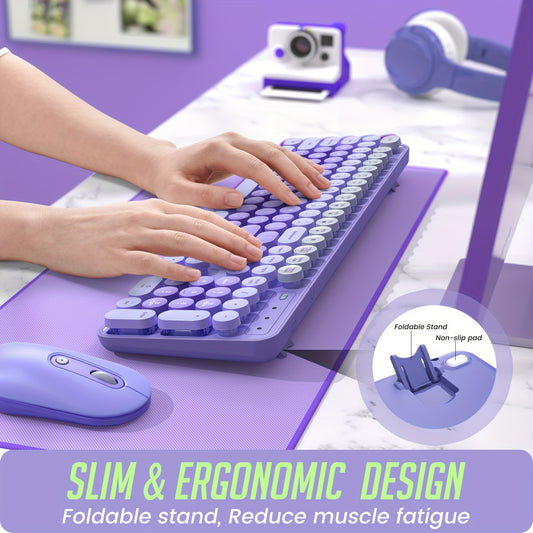 Wireless Keyboard And Mouse Combo, LIZRROT Silent Keyboard Mouse Combo, Full-Sized Colorful Typewriter Keyboard with Round Keycaps, 2.4G Cute Mouse Compatible with PC/Laptop/Computer, Violet