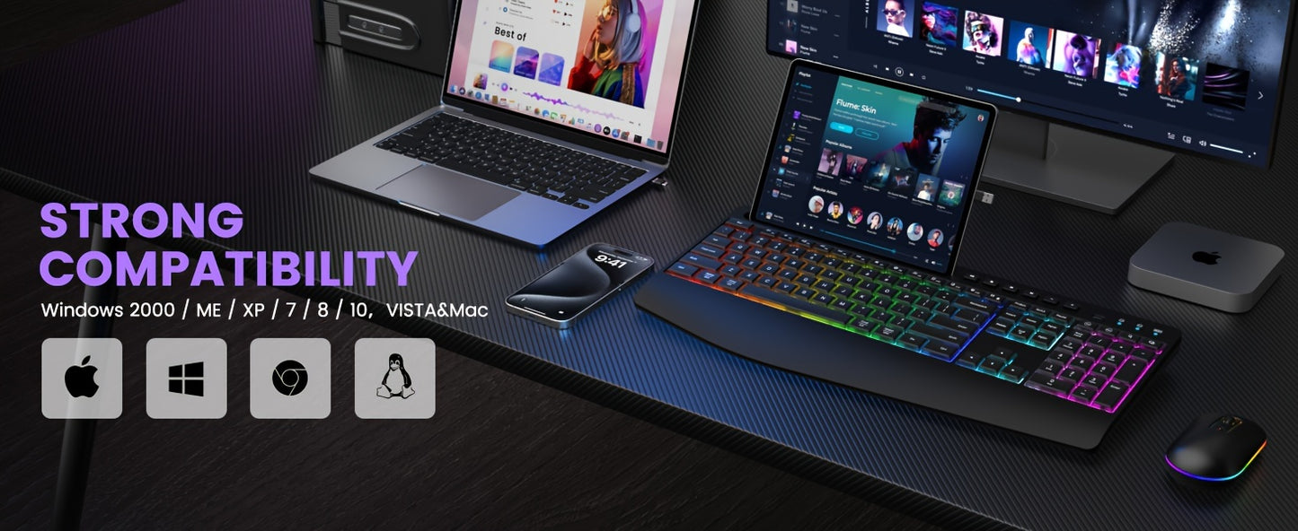 Wireless Keyboard and Mouse RGB Backlit- 2.4G Rechargeable Keyboard Full-Size with Phone/Tablet Holder, Silent Ergonomic Wireless Keyboard Mouse Combo for Computer, PC, Laptop