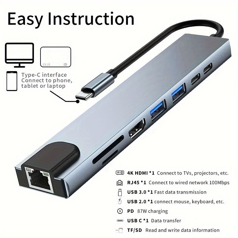8 in 1 USB C Hub Type C to 4K HDTV Adapter with 100M RJ45 SD/TF Card Reader Fast Charger for MacBook Notebook Windows Laptop Computer