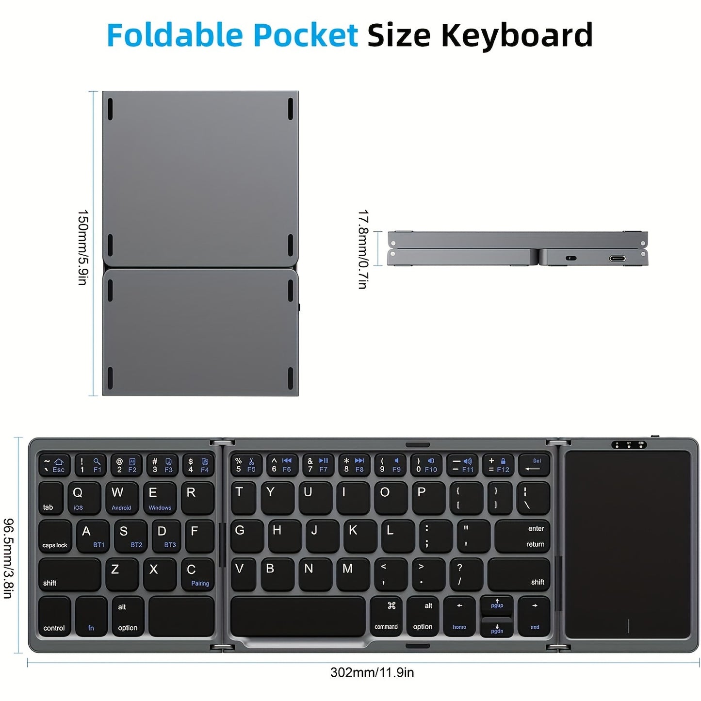 OMOTON Foldable Wireless Keyboard With Touchpad, Wireless Folding Keyboard, Multi-Device And Rechargeable, Portable Keyboard For IPad, IPhone, Android, Windows Laptop, Desktop, Tablet And PC (Grey)