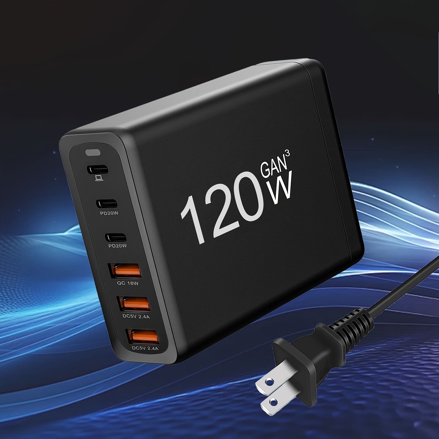 6-Port PD Fast Charger - Rapid Charging, Compact, and Foldable - Compatible with MacBook Pro/Air, iPad Pro, iPhone 14/13/12, Galaxy Note20 S22, Pixel with 5Ft AC Extension Cord