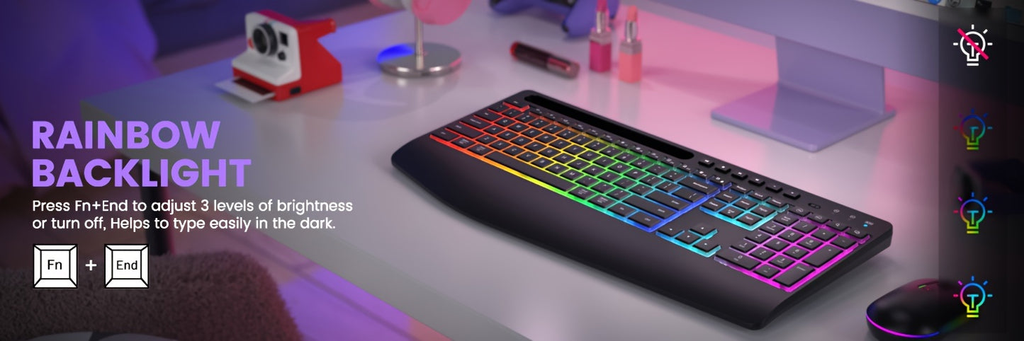 Rechargeable Wireless Keyboard Mouse Combo - Full-Size RGB Backlit Silent Ergonomic Keyboard with Phone/Tablet Holder, 2.4G Wireless Connection, Long-Lasting Battery Life, and Compact Design for Computer, PC, Laptop