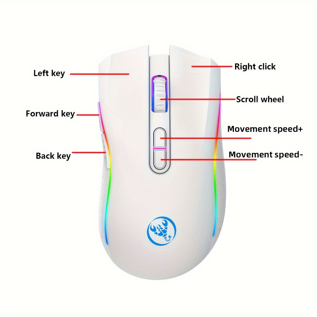 HXSJ RGB Wireless Mouse - 2.4G, Rechargeable with USB Plug & Play, Adjustable DPI up to 4800, Optical Sensor for Gaming and Office Use, Black/White