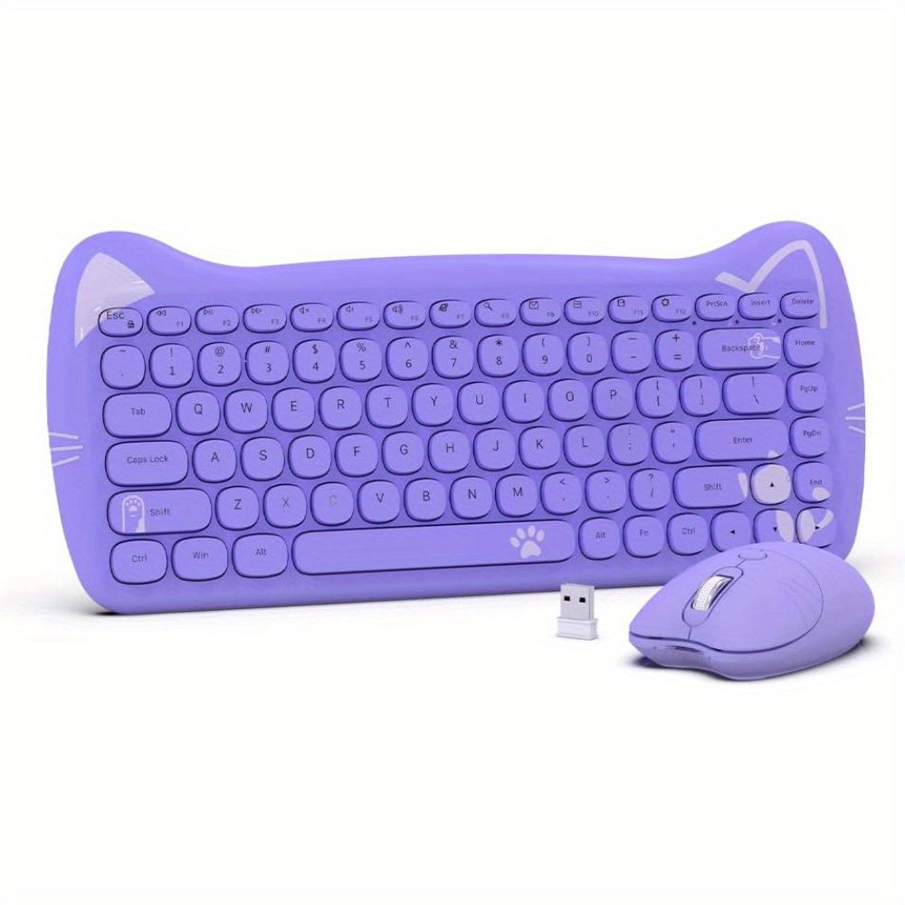 AJAZZ Purple Wireless Keyboard And Mouse, Portable 84 Key Round Key Cute Cat Ears Office Thin Keyboard, 2.4GHz Silent Click Mouse With 3 Adjustable DPI For Windows Laptop PC Notebook