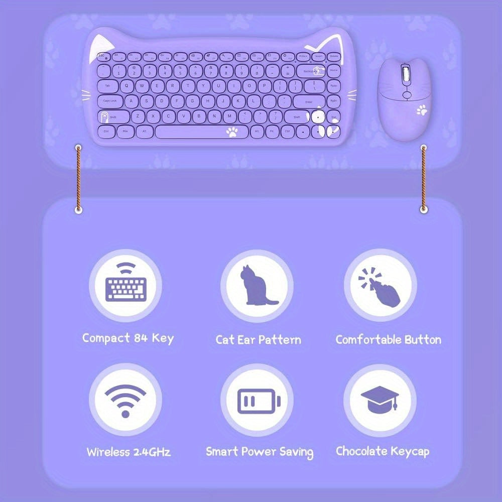 AJAZZ Purple Wireless Keyboard And Mouse, Portable 84 Key Round Key Cute Cat Ears Office Thin Keyboard, 2.4GHz Silent Click Mouse With 3 Adjustable DPI For Windows Laptop PC Notebook