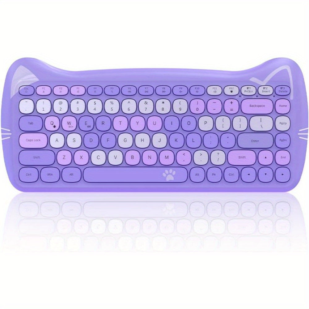 AJAZZ Purple Wireless Keyboard And Mouse, Portable 84 Key Round Key Cute Cat Ears Office Thin Keyboard, 2.4GHz Silent Click Mouse With 3 Adjustable DPI For Windows Laptop PC Notebook