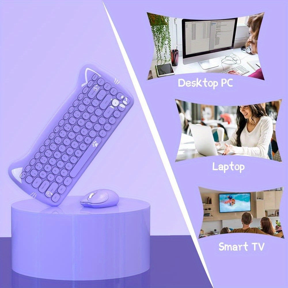 AJAZZ Purple Wireless Keyboard And Mouse, Portable 84 Key Round Key Cute Cat Ears Office Thin Keyboard, 2.4GHz Silent Click Mouse With 3 Adjustable DPI For Windows Laptop PC Notebook