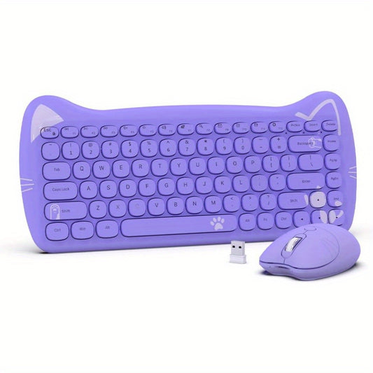AJAZZ Purple Wireless Keyboard And Mouse, Portable 84 Key Round Key Cute Cat Ears Office Thin Keyboard, 2.4GHz Silent Click Mouse With 3 Adjustable DPI For Windows Laptop PC Notebook