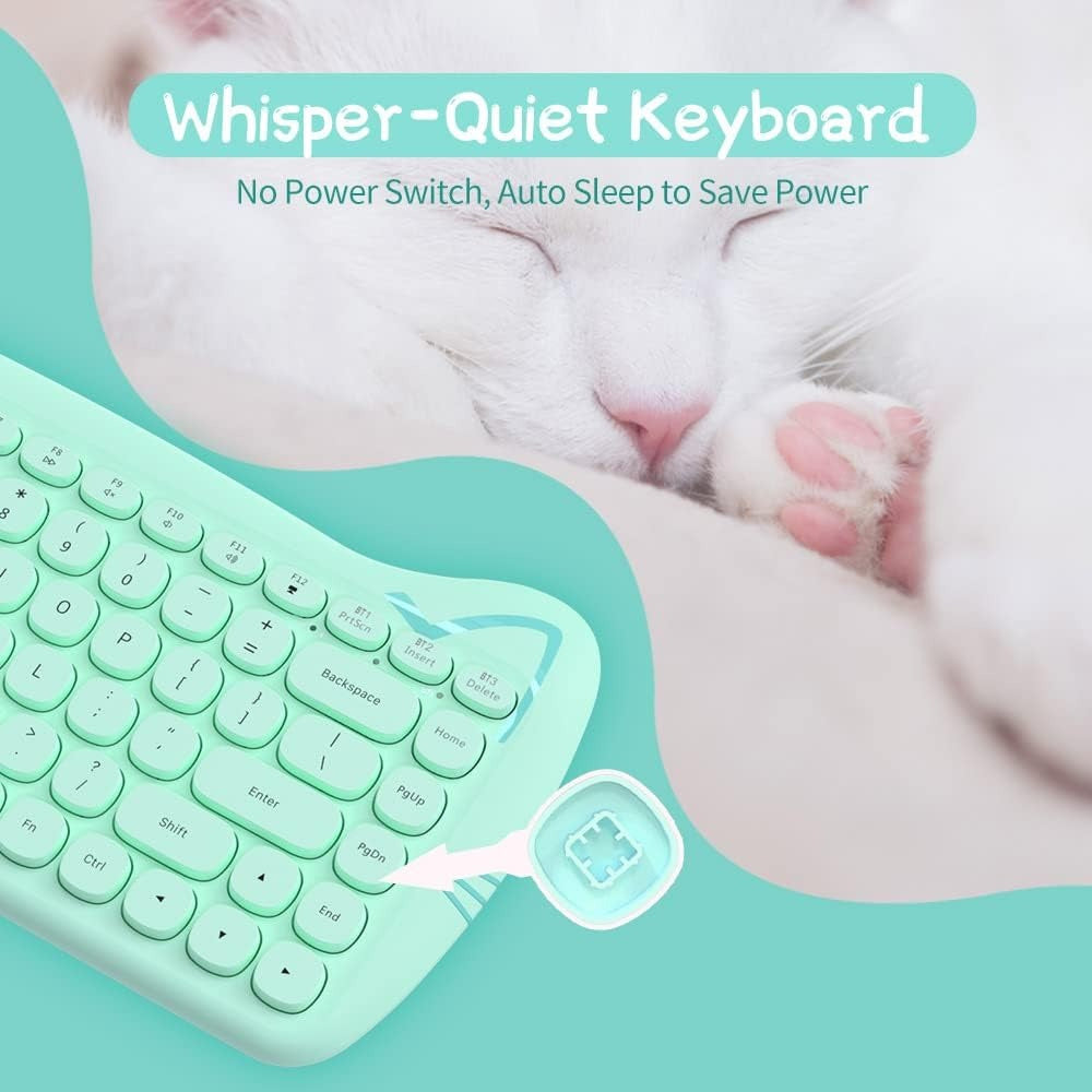 AJAZZ Purple Wireless Keyboard And Mouse, Portable 84 Key Round Key Cute Cat Ears Office Thin Keyboard, 2.4GHz Silent Click Mouse With 3 Adjustable DPI For Windows Laptop PC Notebook