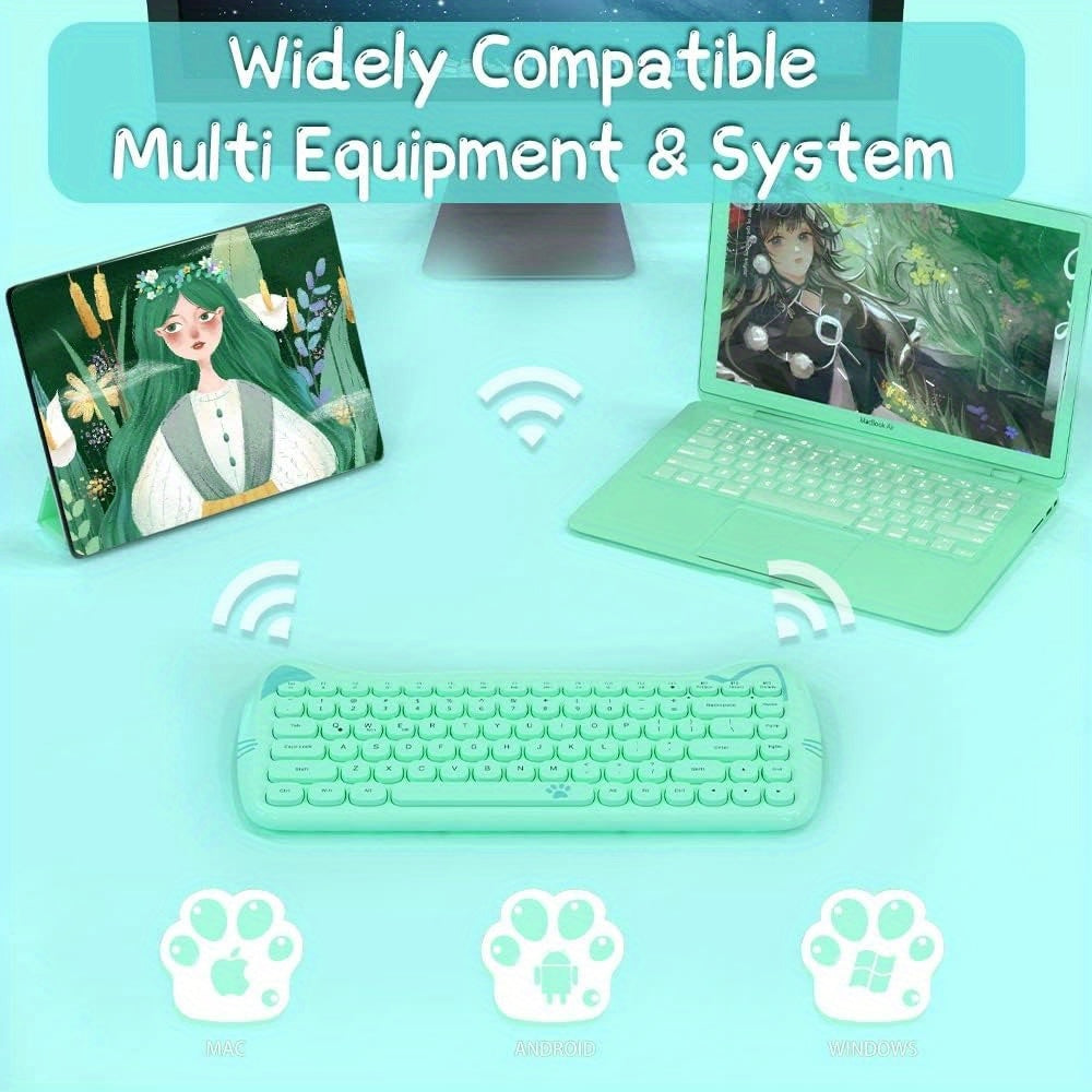 AJAZZ Purple Wireless Keyboard And Mouse, Portable 84 Key Round Key Cute Cat Ears Office Thin Keyboard, 2.4GHz Silent Click Mouse With 3 Adjustable DPI For Windows Laptop PC Notebook