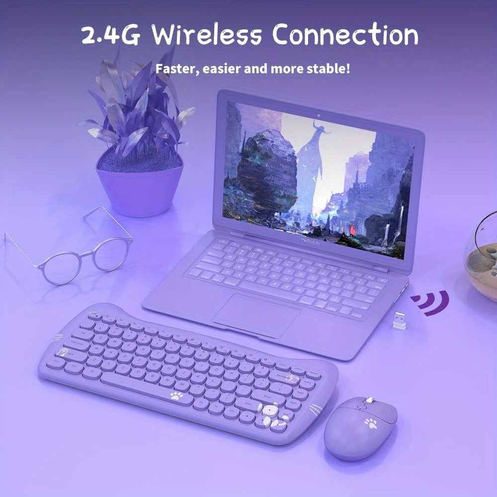 AJAZZ Purple Wireless Keyboard And Mouse, Portable 84 Key Round Key Cute Cat Ears Office Thin Keyboard, 2.4GHz Silent Click Mouse With 3 Adjustable DPI For Windows Laptop PC Notebook