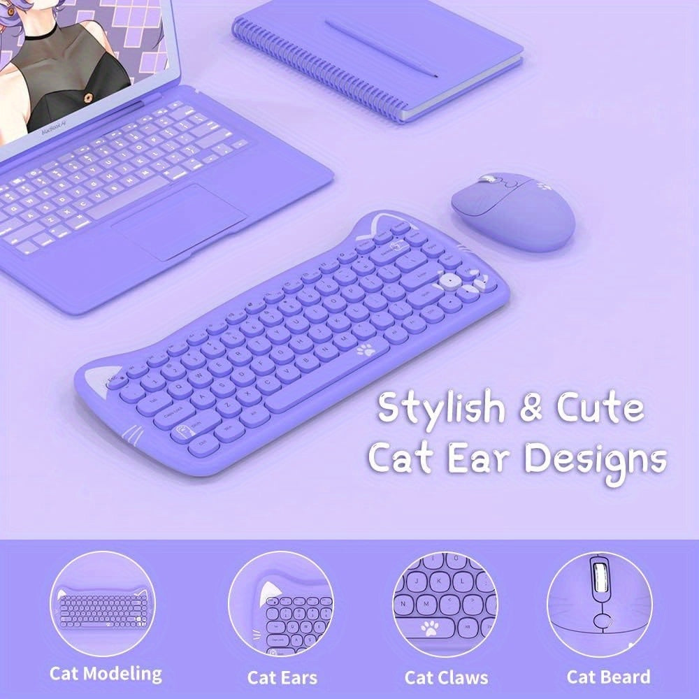 AJAZZ Purple Wireless Keyboard And Mouse, Portable 84 Key Round Key Cute Cat Ears Office Thin Keyboard, 2.4GHz Silent Click Mouse With 3 Adjustable DPI For Windows Laptop PC Notebook