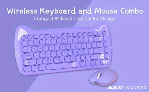 AJAZZ Purple Wireless Keyboard And Mouse, Portable 84 Key Round Key Cute Cat Ears Office Thin Keyboard, 2.4GHz Silent Click Mouse With 3 Adjustable DPI For Windows Laptop PC Notebook