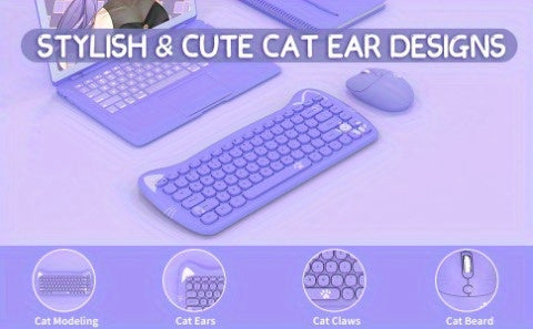 AJAZZ Purple Wireless Keyboard And Mouse, Portable 84 Key Round Key Cute Cat Ears Office Thin Keyboard, 2.4GHz Silent Click Mouse With 3 Adjustable DPI For Windows Laptop PC Notebook