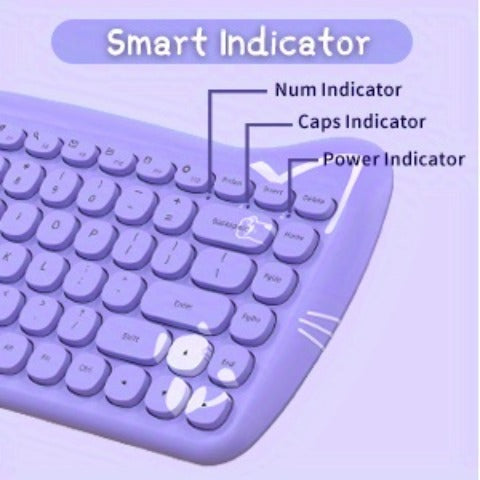 AJAZZ Purple Wireless Keyboard And Mouse, Portable 84 Key Round Key Cute Cat Ears Office Thin Keyboard, 2.4GHz Silent Click Mouse With 3 Adjustable DPI For Windows Laptop PC Notebook