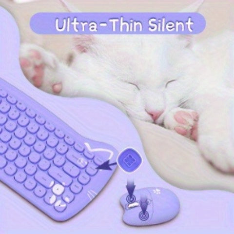 AJAZZ Purple Wireless Keyboard And Mouse, Portable 84 Key Round Key Cute Cat Ears Office Thin Keyboard, 2.4GHz Silent Click Mouse With 3 Adjustable DPI For Windows Laptop PC Notebook